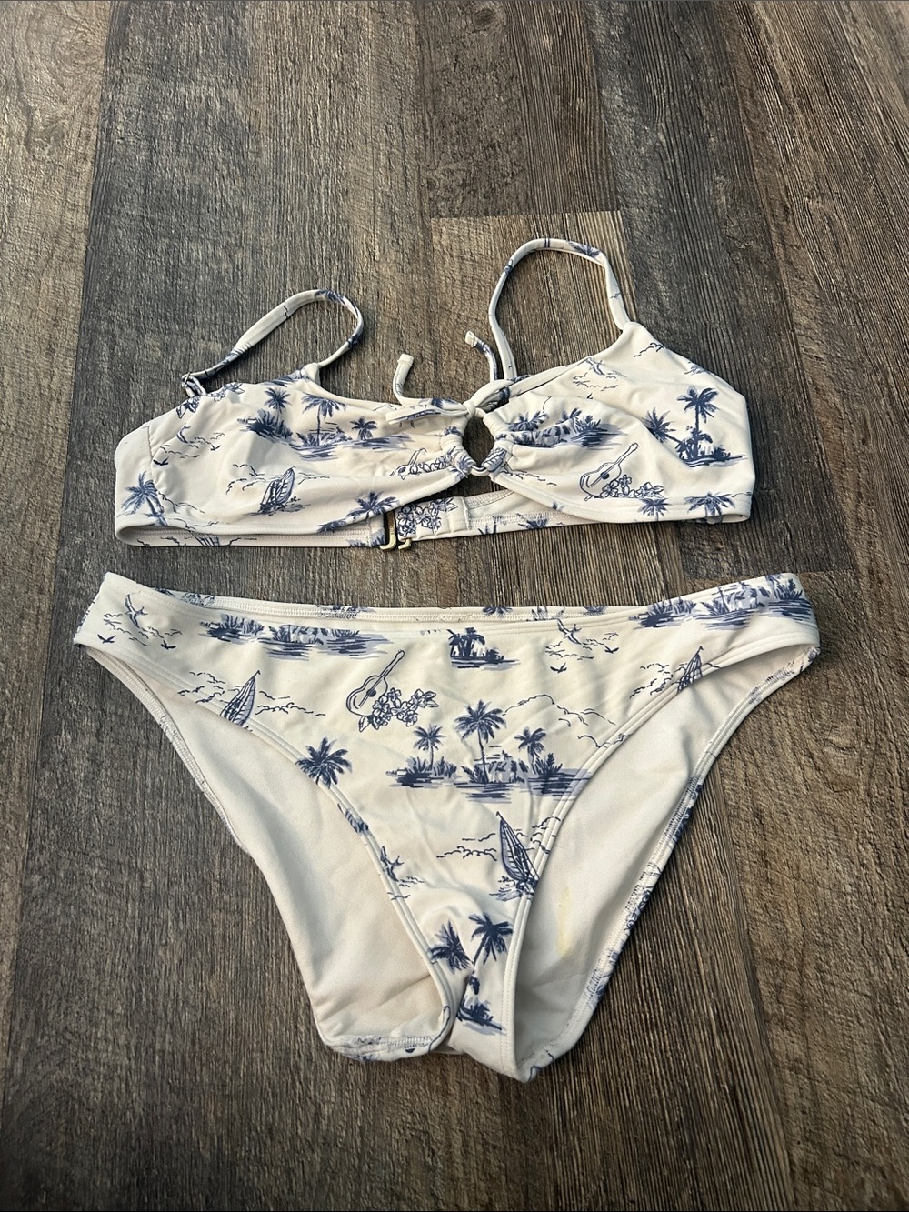Hollister Cream Bikini Top with Blue Scenic Print